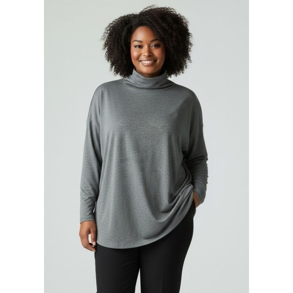 Eileen Fisher New heather gray high neck org cotton long sleeve blouse PL Large